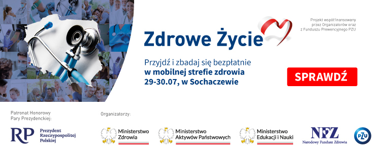 Grafika promująca projekt Zdrowe Życie, w ramach którego mieszkańcy będą mogli skorzystać z bezpłatnych badań profilaktycznych i konsultacji lekarskich.