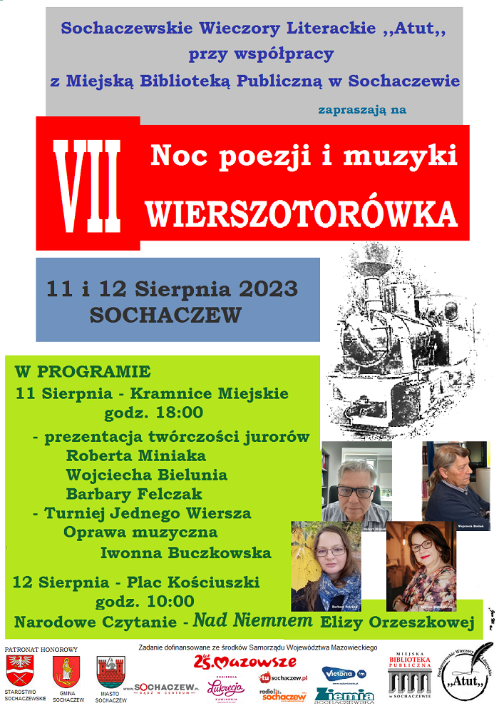 Plakat przedstawiający program wydarzenia Wierszotorówka i zdjęcia osób prezentujacych swoją twórczość