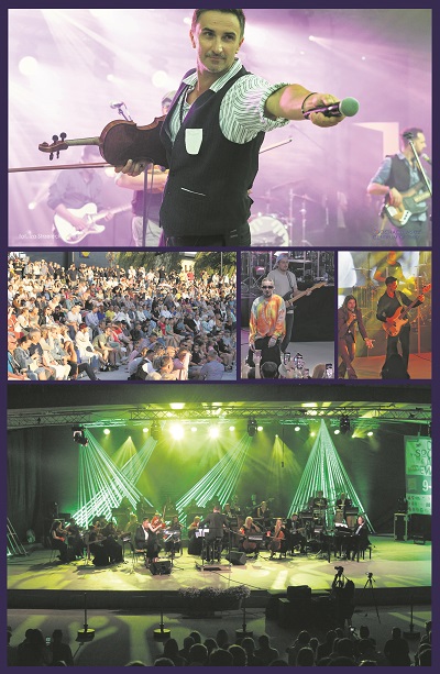 Collage zdjęć prezentujących wydarzenia kulturalne w Sochaczewie - koncerty w amfiteatrze