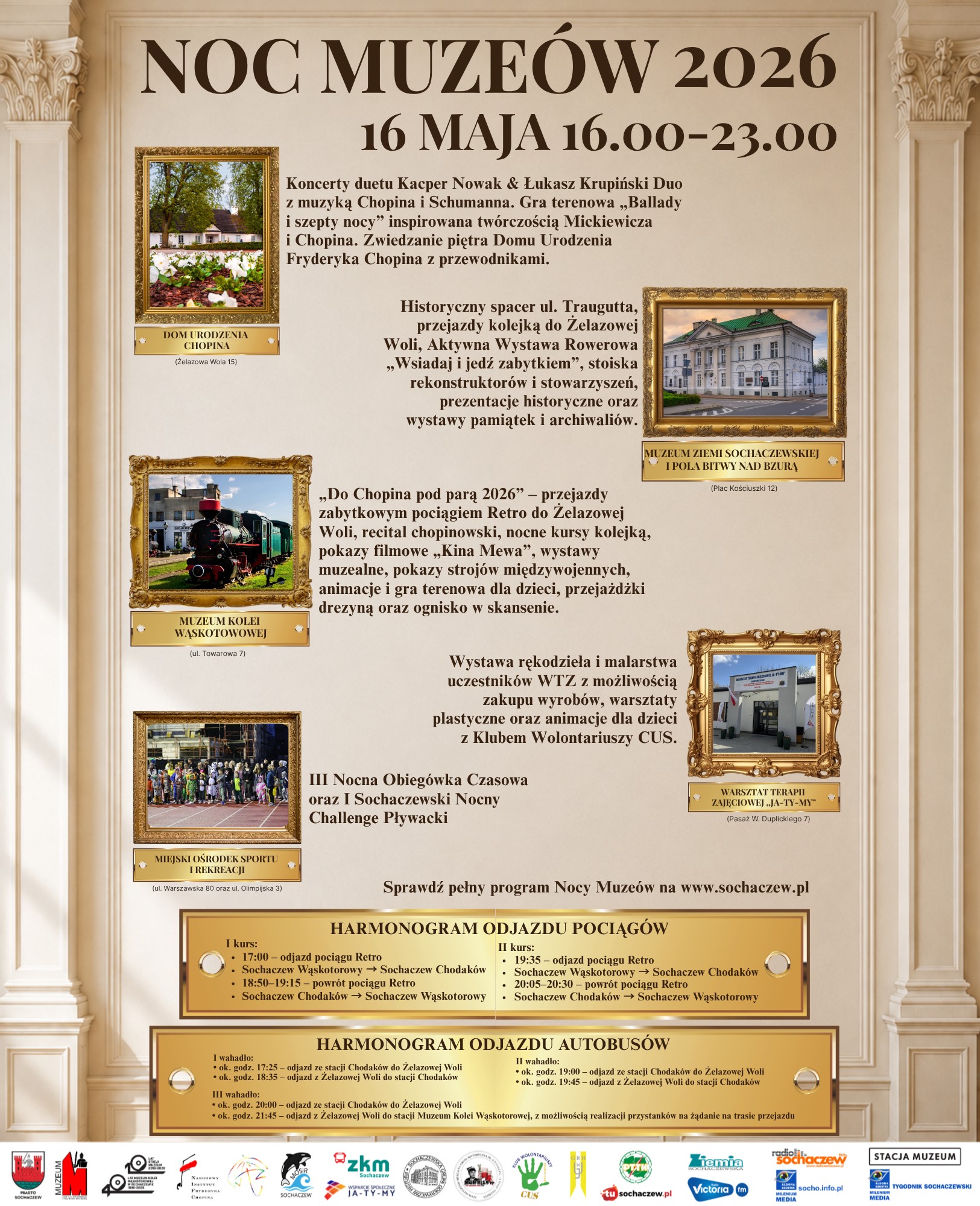 Plakat zapowiadający wydarzenia Nocy Muze&oacute;w w&nbsp;Sochaczewie i&nbsp;Żelazowej Woli
