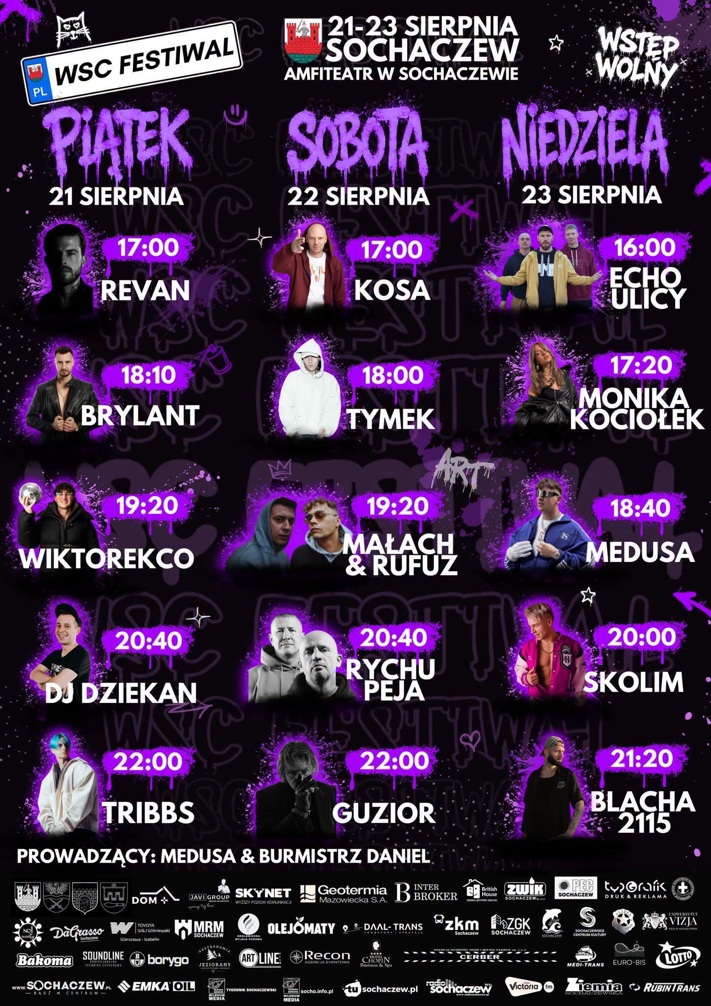 Plakat z&nbsp;programem występ&oacute;w artyst&oacute;w WSC Festiwalu