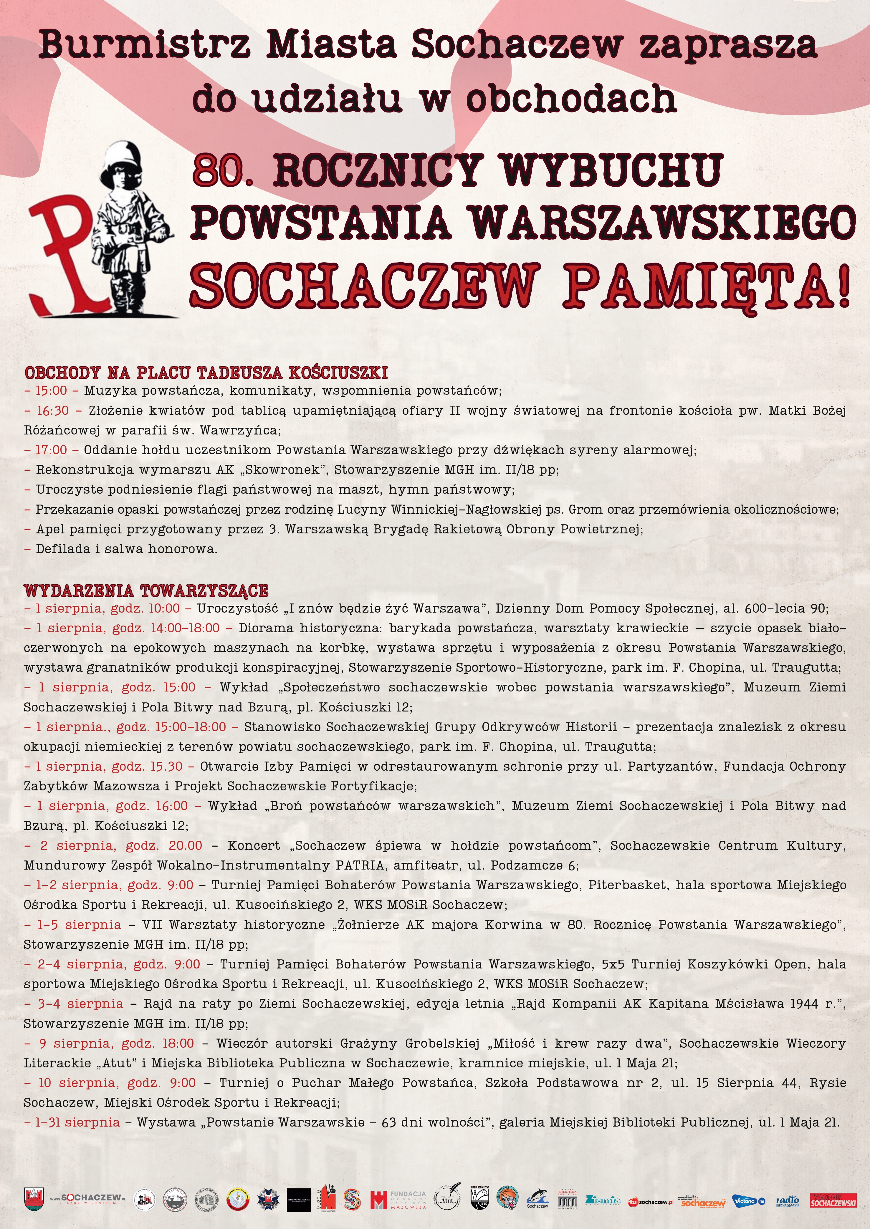 Plakat zawierający tekstową zapowiedź wszystkich wydarzeń związanych z rocznicą wybuchu powstania warszawskiego