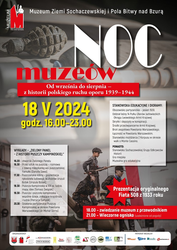 Plakat z programem nocy muzeów w muzeum ziemi sochaczewskiej i pola bitwy nad bzurą