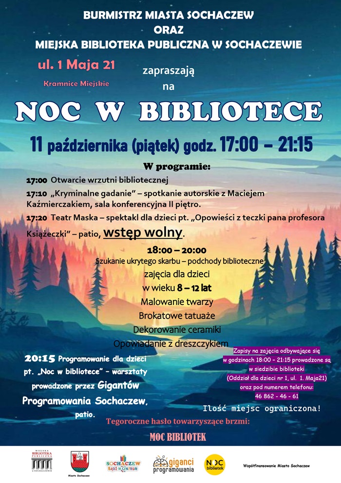 Plakat zapowiadający noc w bibliotece w Chodakowie