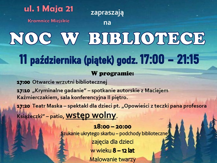 Plakat zapowiadający Noc w Bibliotece przy ul 1 Maja