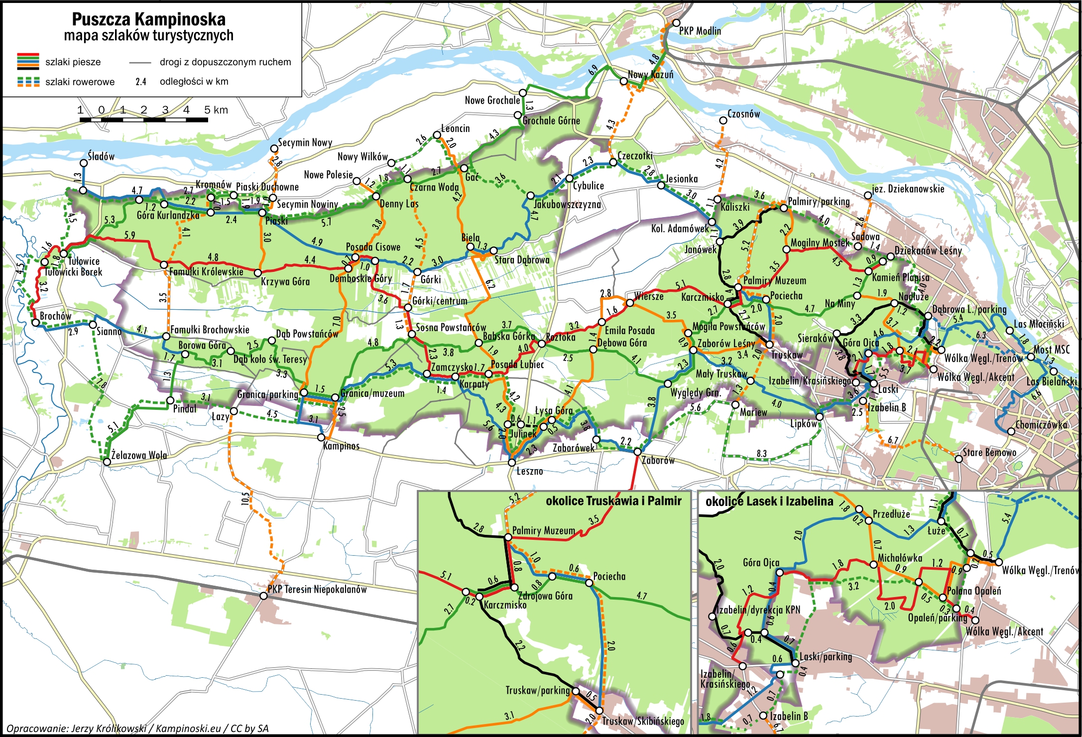 mapa szlaków pieszych w Kampinoskim Parku Narodowym