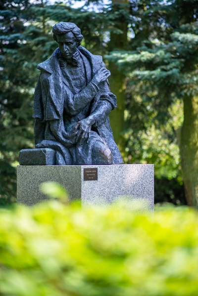 Pomnik Fryderyka Chopina w Żelazowej Woli. Na pierwszym planie żółte kwiaty